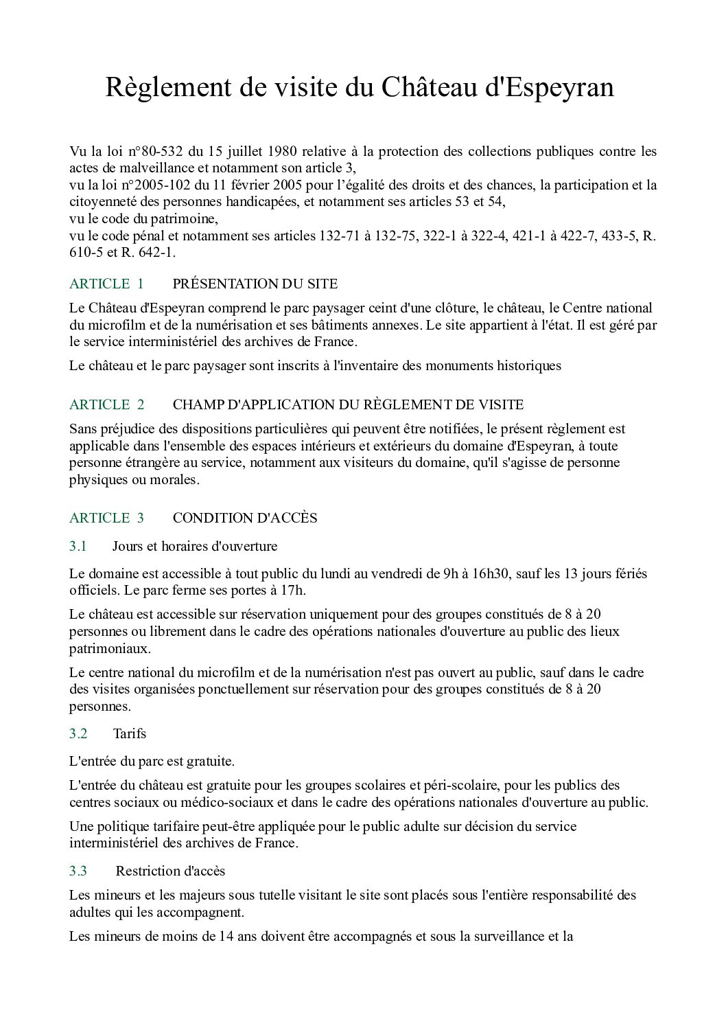 Règlement de Visite du Site